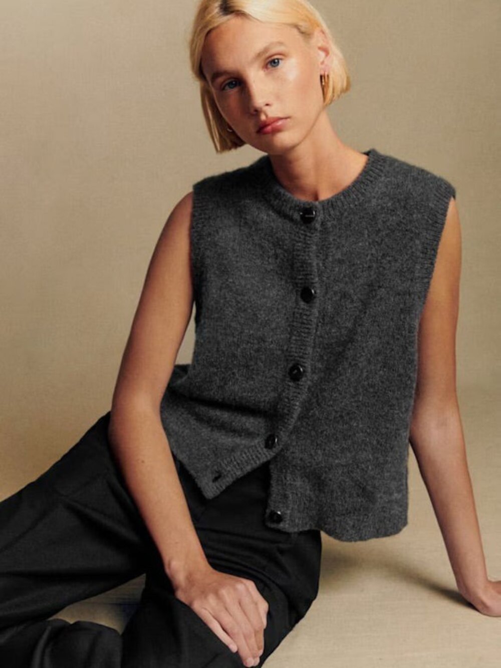 Like New Sezane Sacha Alpaca Blend Crewneck Cardigan Vest Charcoal Medium